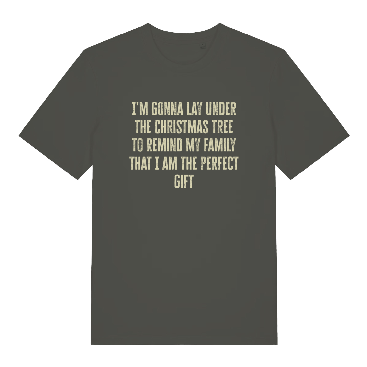 khaki christmas slogan t-shirt with the text 'i'm gonna lay under the christmas tree to remind my family that i am the perfect gift'