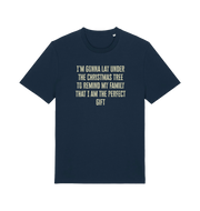 navy christmas t-shirt with the slogan 'i'm gonna lay under the christmas tree to remind my family that i am the perfect gift'