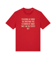 red christmas t-shirt with the slogan 'i'm gonna lay under the christmas tree to remind my family that i am the perfect gift'