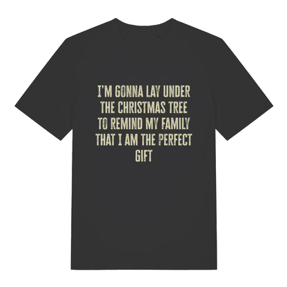 Black Perfect Gift Under The Tree funny Christmas slogan t-shirt with classic festive text  