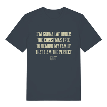 Ink grey Perfect Gift Under The Tree funny Christmas slogan t-shirt featuring humorous Xmas design  