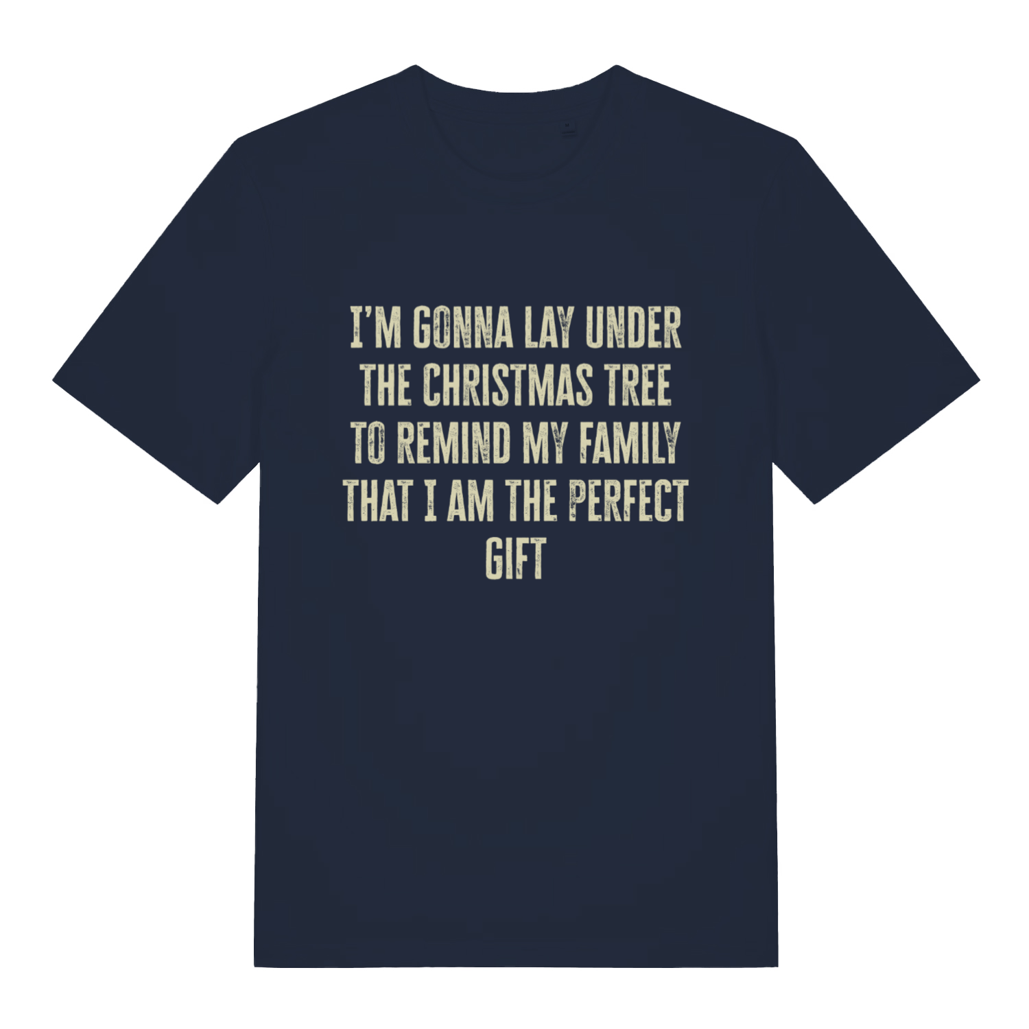 Navy Perfect Gift Under The Tree funny Christmas slogan t-shirt with witty holiday lettering  