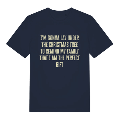 Navy Perfect Gift Under The Tree funny Christmas slogan t-shirt with witty holiday lettering  