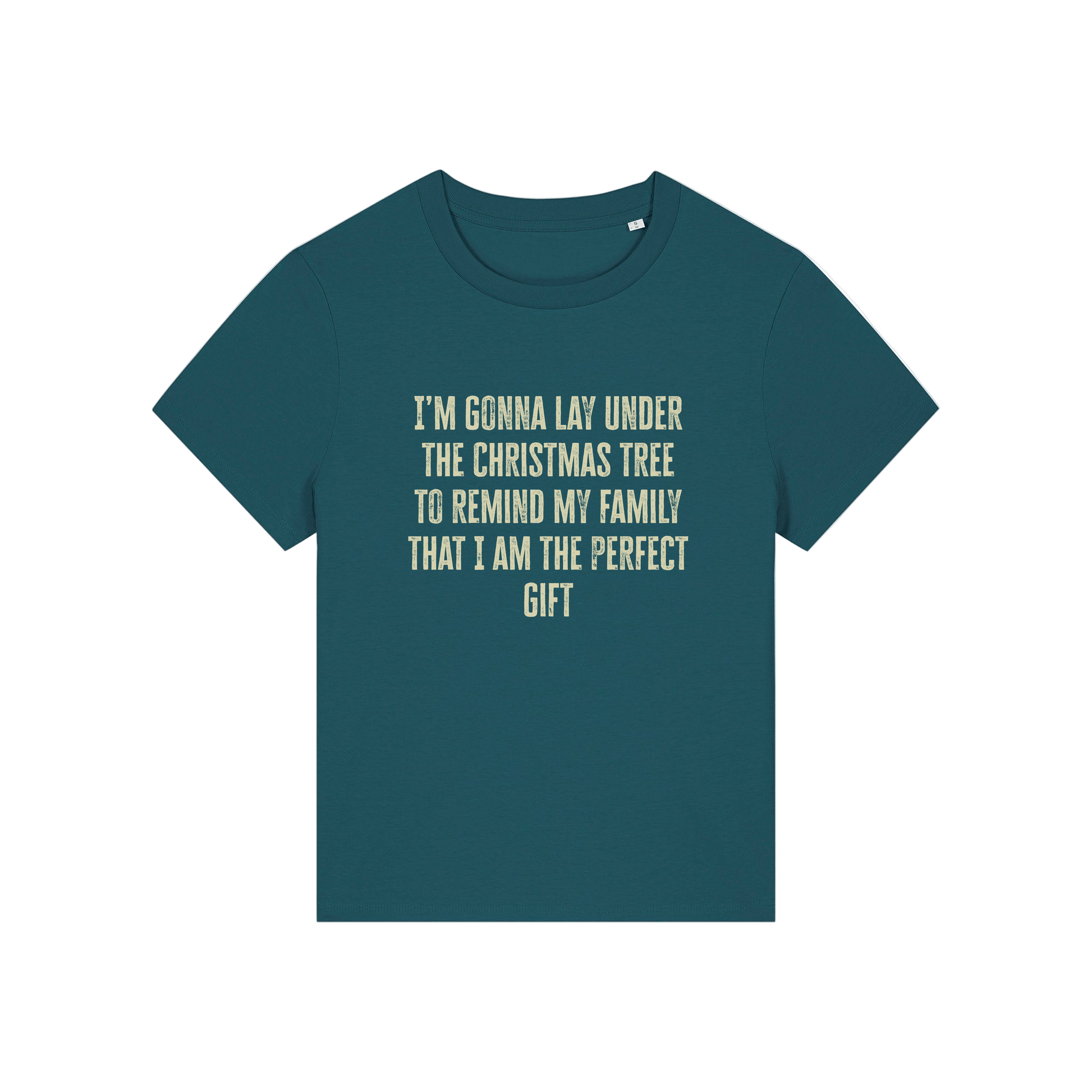 teal christmas slogan t-shirt that reads 'i'm gonna lay under the christmas tree to remind my family that i am the perfect gift'