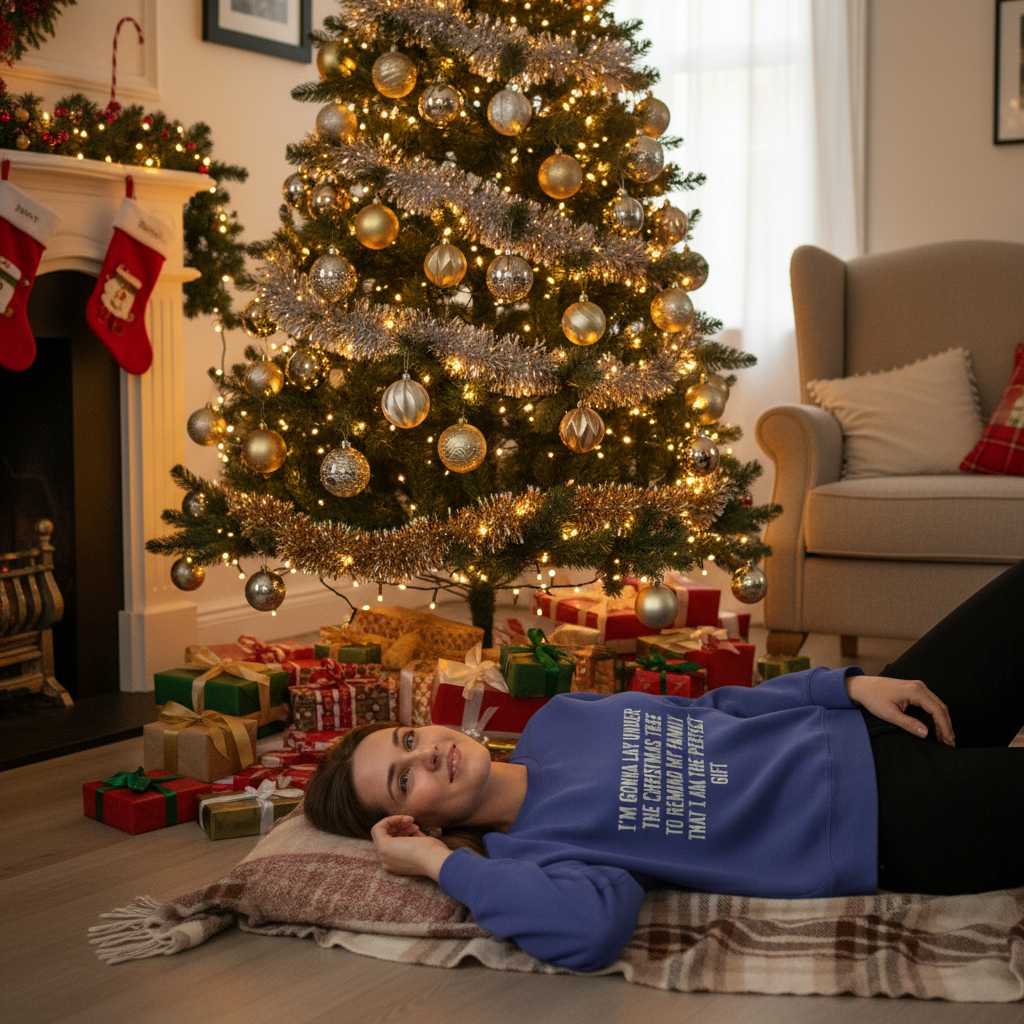 Person lying on the floor in front of a decorated Christmas tree with presents underneath.