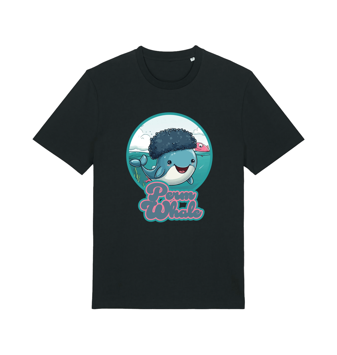 black kawaii t-shirt with the graphic of a cartoon whale with an afro hairstyle and the slogan 'perm whale'
