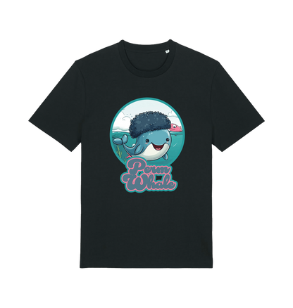 black kawaii t-shirt with the graphic of a cartoon whale with an afro hairstyle and the slogan 'perm whale'