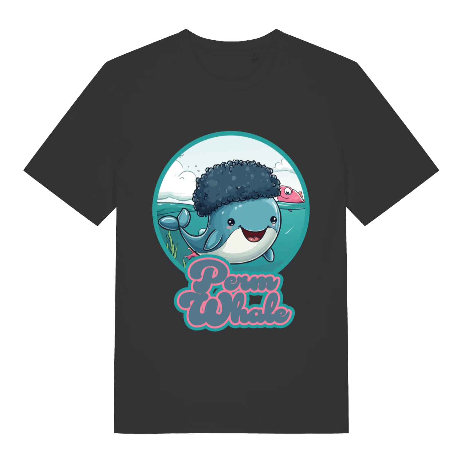 Black Perm Whale funny graphic t-shirt with cute afro whale design  