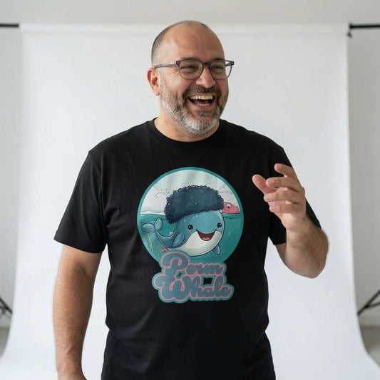 Bald man with glasses laughing and gesturing while wearing a black Perm Whale t-shirt, cheeky kawaii sperm whale perm pun that never fails to get a reaction
