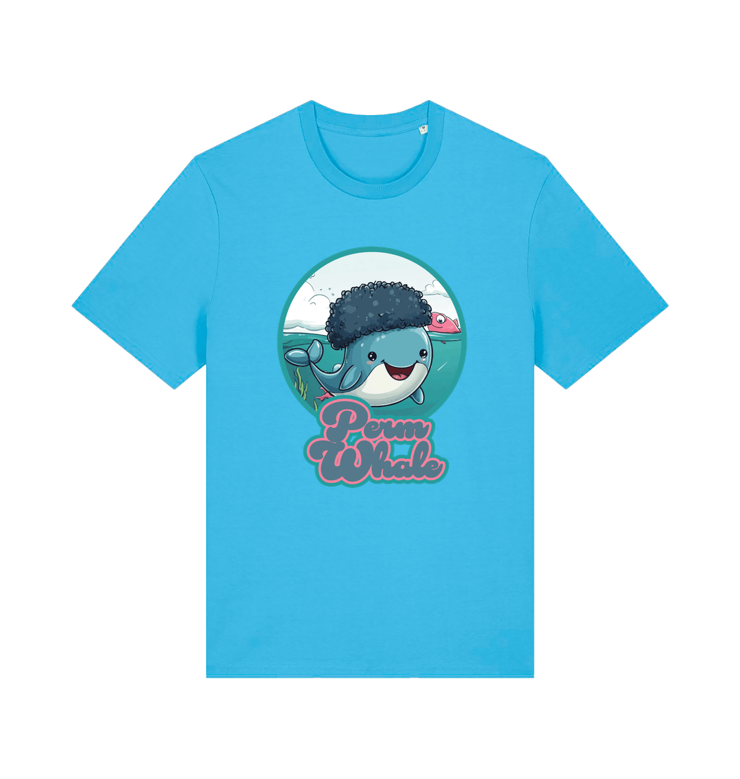 blue kawaii t-shirt with the graphic of a cartoon whale with an afro hairstyle and the slogan 'perm whale'