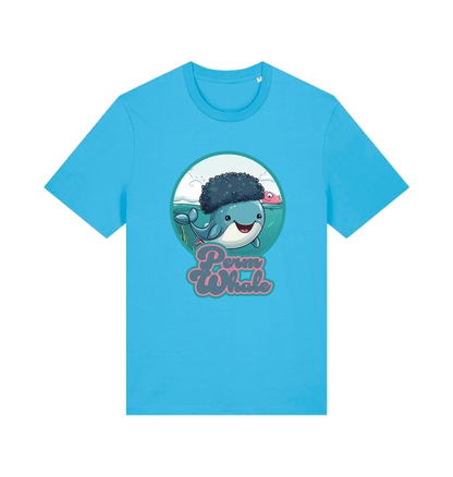 blue kawaii t-shirt with the graphic of a cartoon whale with an afro hairstyle and the slogan 'perm whale'