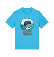 blue kawaii t-shirt with the graphic of a cartoon whale with an afro hairstyle and the slogan 'perm whale'
