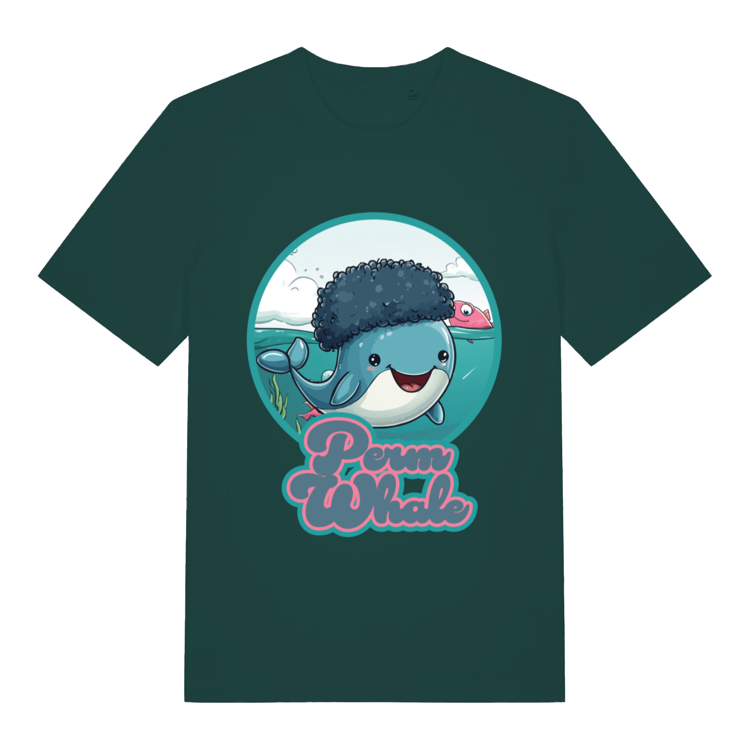 Green Perm Whale funny graphic t-shirt featuring kawaii sperm whale pun  