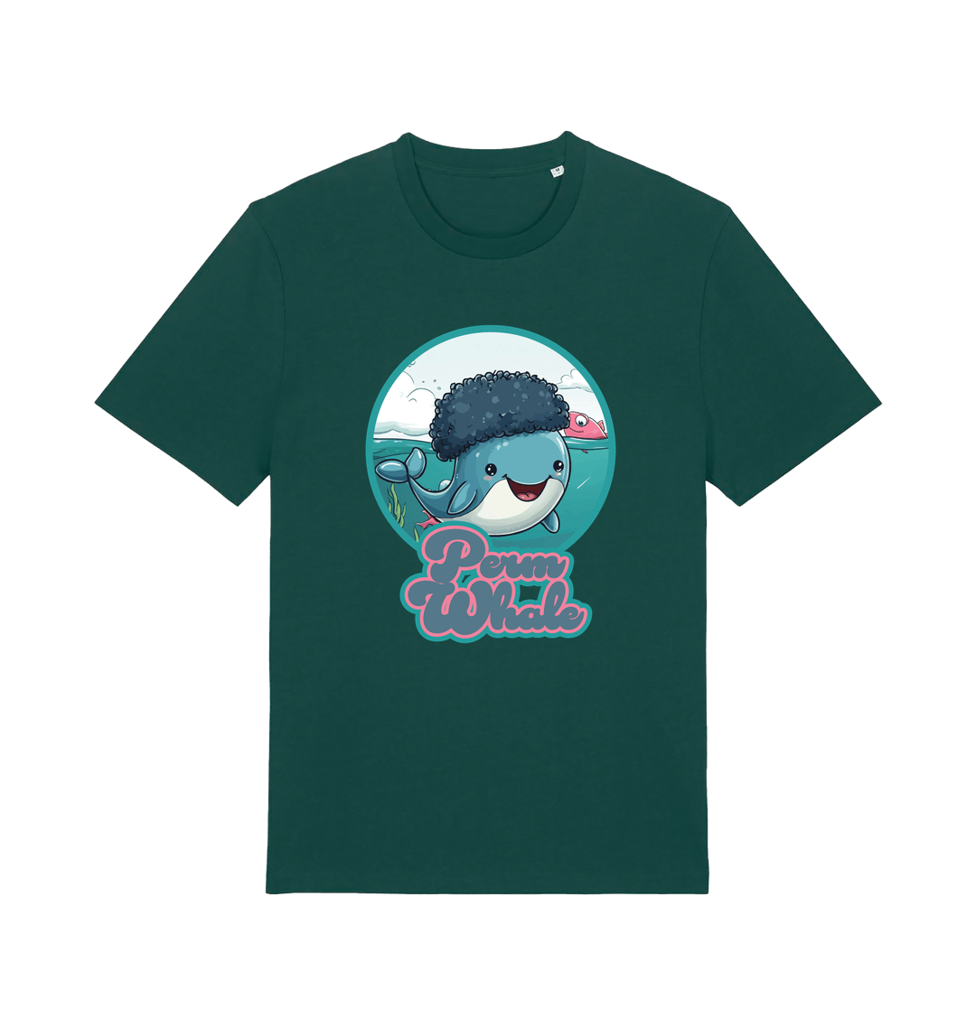 green kawaii t-shirt with the graphic of a cartoon whale with an afro hairstyle and the slogan 'perm whale'