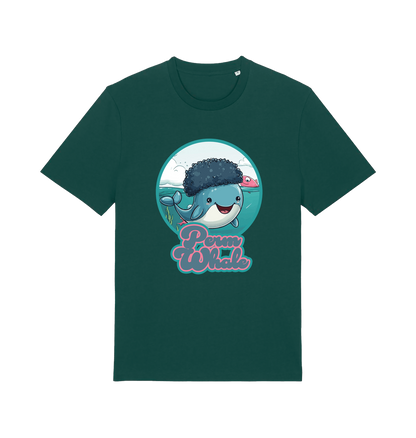 green kawaii t-shirt with the graphic of a cartoon whale with an afro hairstyle and the slogan 'perm whale'