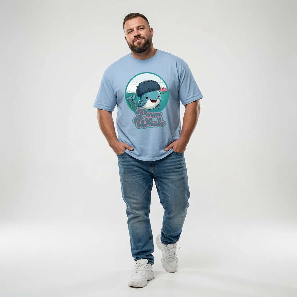 Bearded man standing with hands in his pockets while wearing a light blue Perm Whale t-shirt featuring a smiling sperm whale with a big afro, funny sperm whale graphic pun design