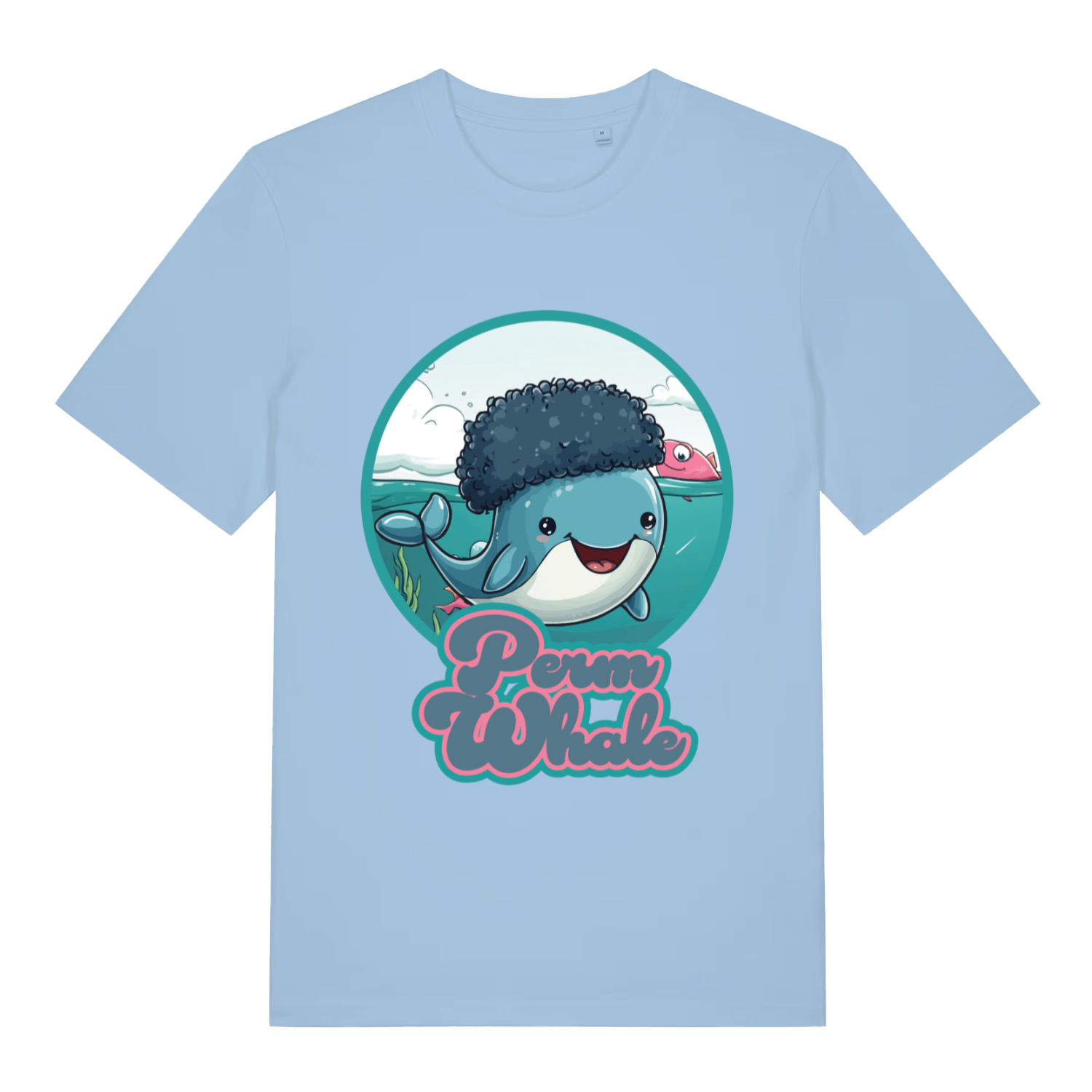 Light blue Perm Whale funny graphic t-shirt with smiling afro whale graphic  
