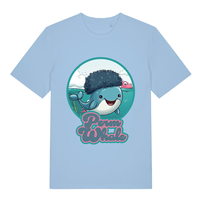 Light blue Perm Whale funny graphic t-shirt with smiling afro whale graphic  
