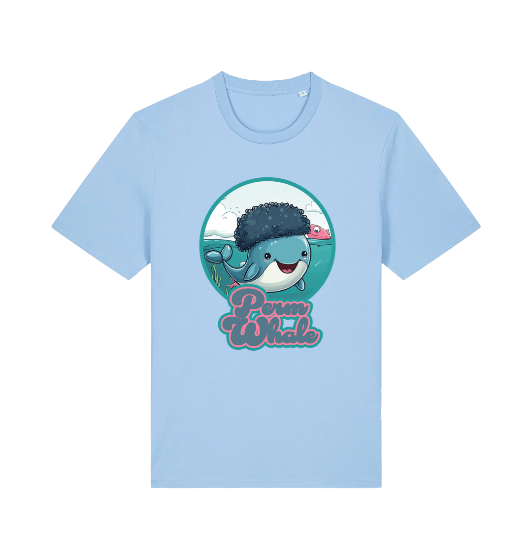 light blue kawaii t-shirt with the graphic of a cartoon whale with an afro hairstyle and the slogan 'perm whale'