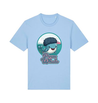 light blue kawaii t-shirt with the graphic of a cartoon whale with an afro hairstyle and the slogan 'perm whale'