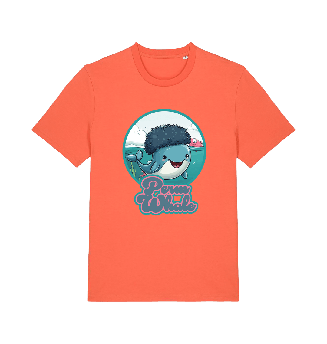 orange kawaii t-shirt with the graphic of a cartoon whale with an afro hairstyle and the slogan 'perm whale'