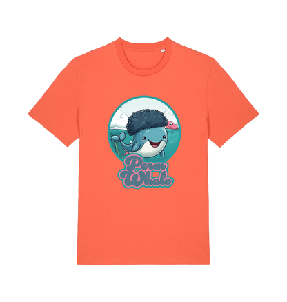 orange kawaii t-shirt with the graphic of a cartoon whale with an afro hairstyle and the slogan 'perm whale'