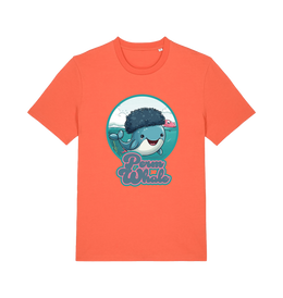 orange kawaii t-shirt with the graphic of a cartoon whale with an afro hairstyle and the slogan 'perm whale'