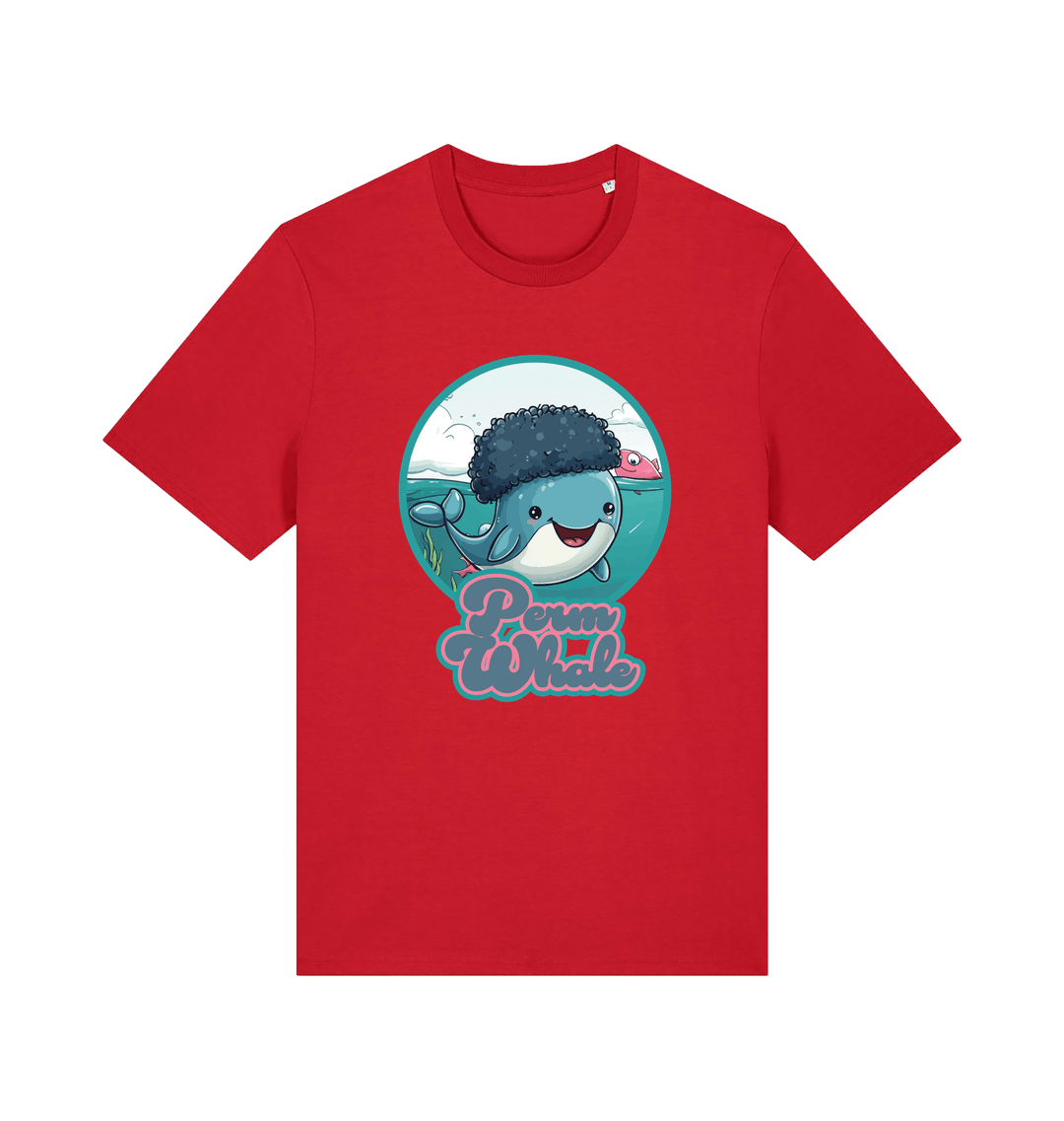 red kawaii t-shirt with the graphic of a cartoon whale with an afro hairstyle and the slogan 'perm whale'