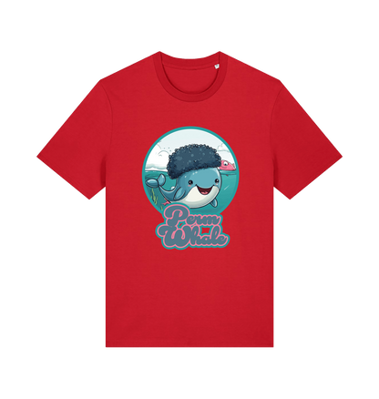 red kawaii t-shirt with the graphic of a cartoon whale with an afro hairstyle and the slogan 'perm whale'