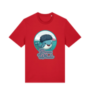 red kawaii t-shirt with the graphic of a cartoon whale with an afro hairstyle and the slogan 'perm whale'