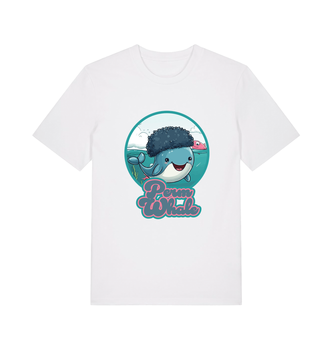 white kawaii t-shirt with the graphic of a cartoon whale with an afro hairstyle and the slogan 'perm whale'