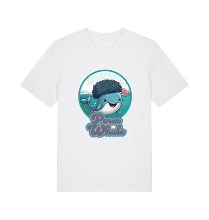 white kawaii t-shirt with the graphic of a cartoon whale with an afro hairstyle and the slogan 'perm whale'