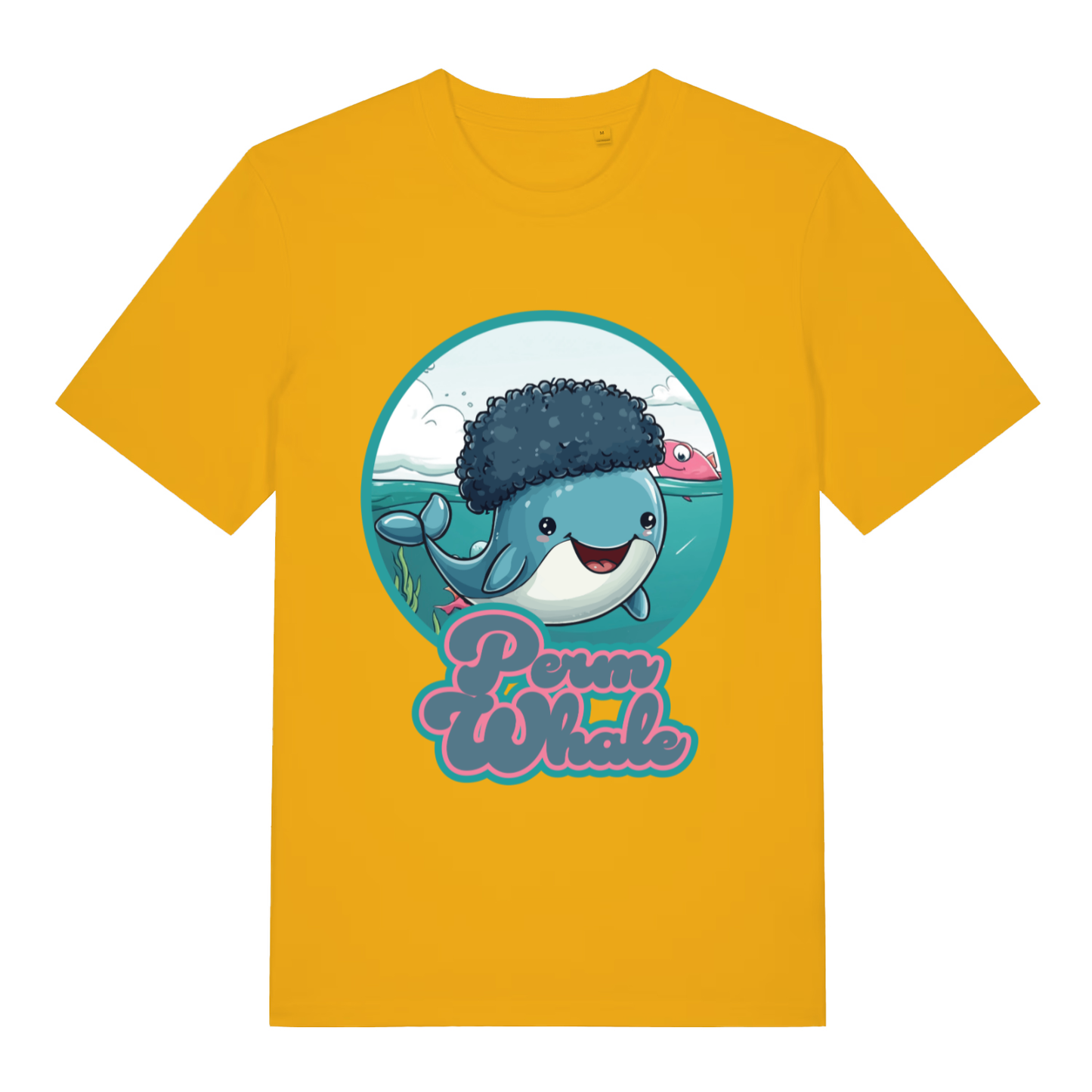 Yellow Perm Whale funny graphic t-shirt with bold Perm Whale lettering  