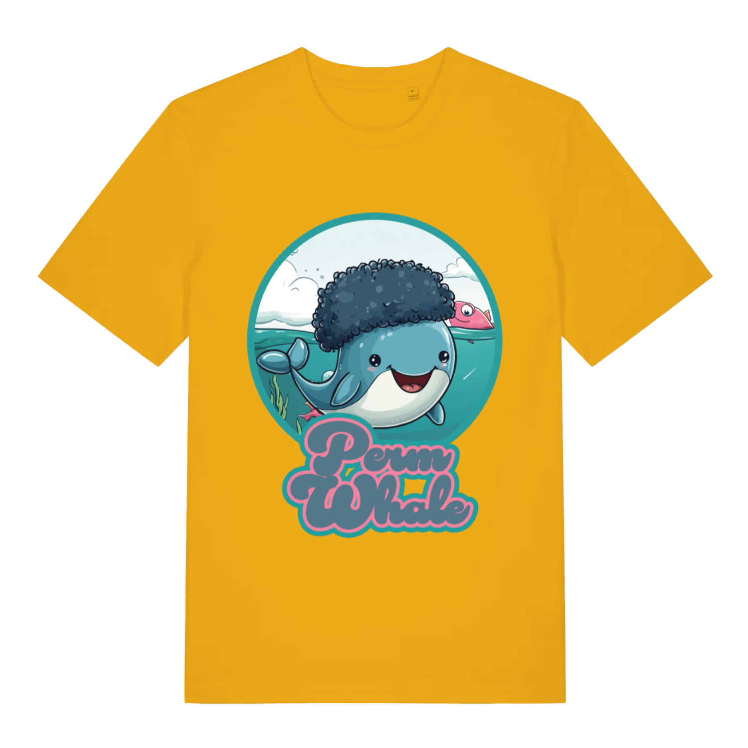 Yellow Perm Whale funny graphic t-shirt with bold Perm Whale lettering  