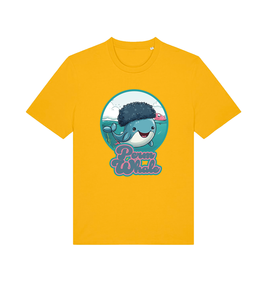 yellow kawaii t-shirt with the graphic of a cartoon whale with an afro hairstyle and the slogan 'perm whale'