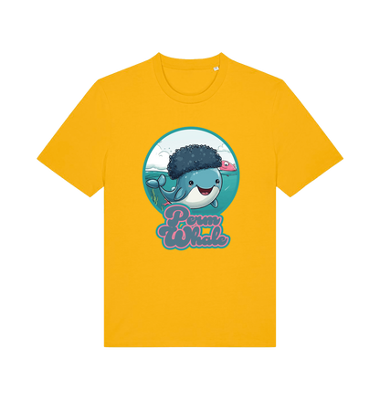 yellow kawaii t-shirt with the graphic of a cartoon whale with an afro hairstyle and the slogan 'perm whale'