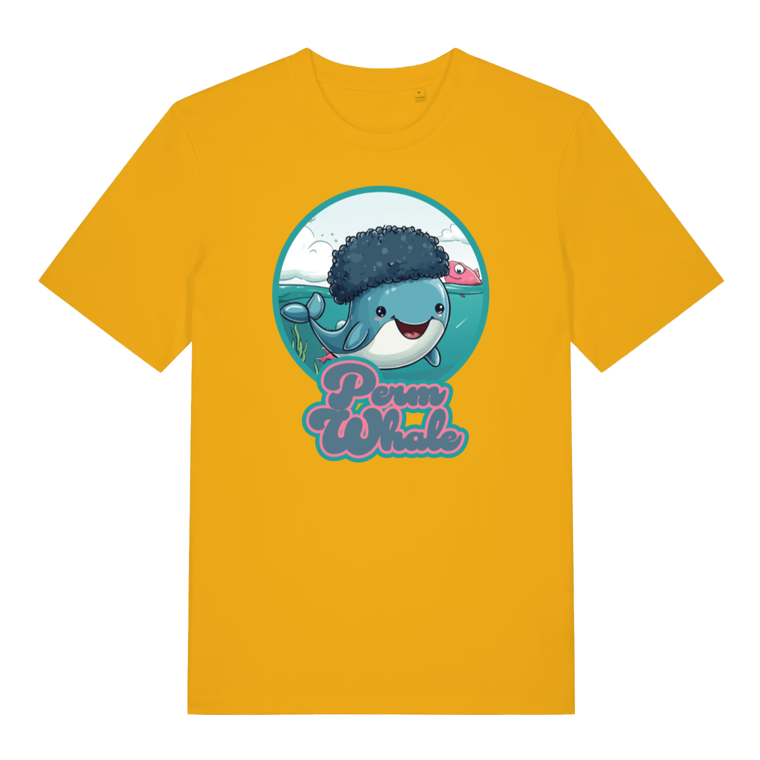yellow kawaii t-shirt with the graphic of a cartoon whale with a afro and the text 'perm whale'