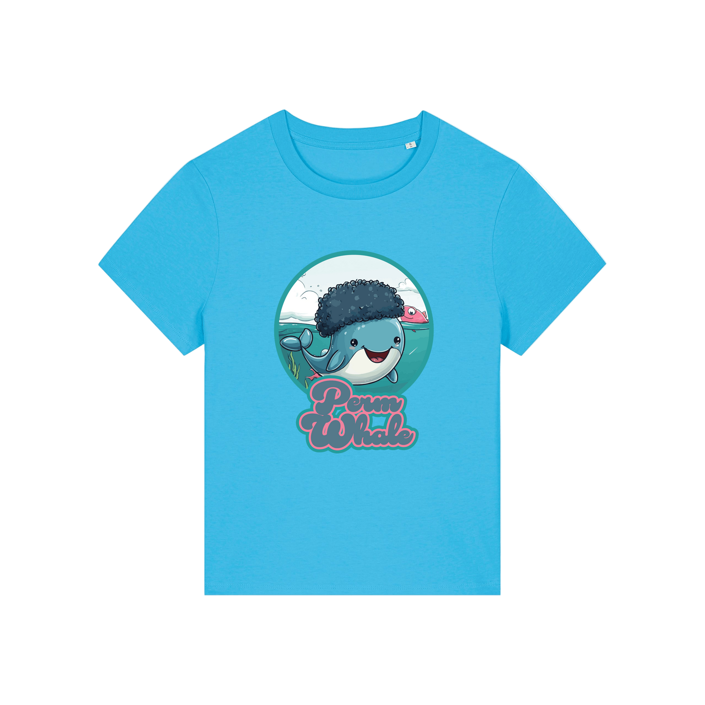 blue kawaii t-shirt with the graphic of a whale with an afro and the slogan 'perm whale'