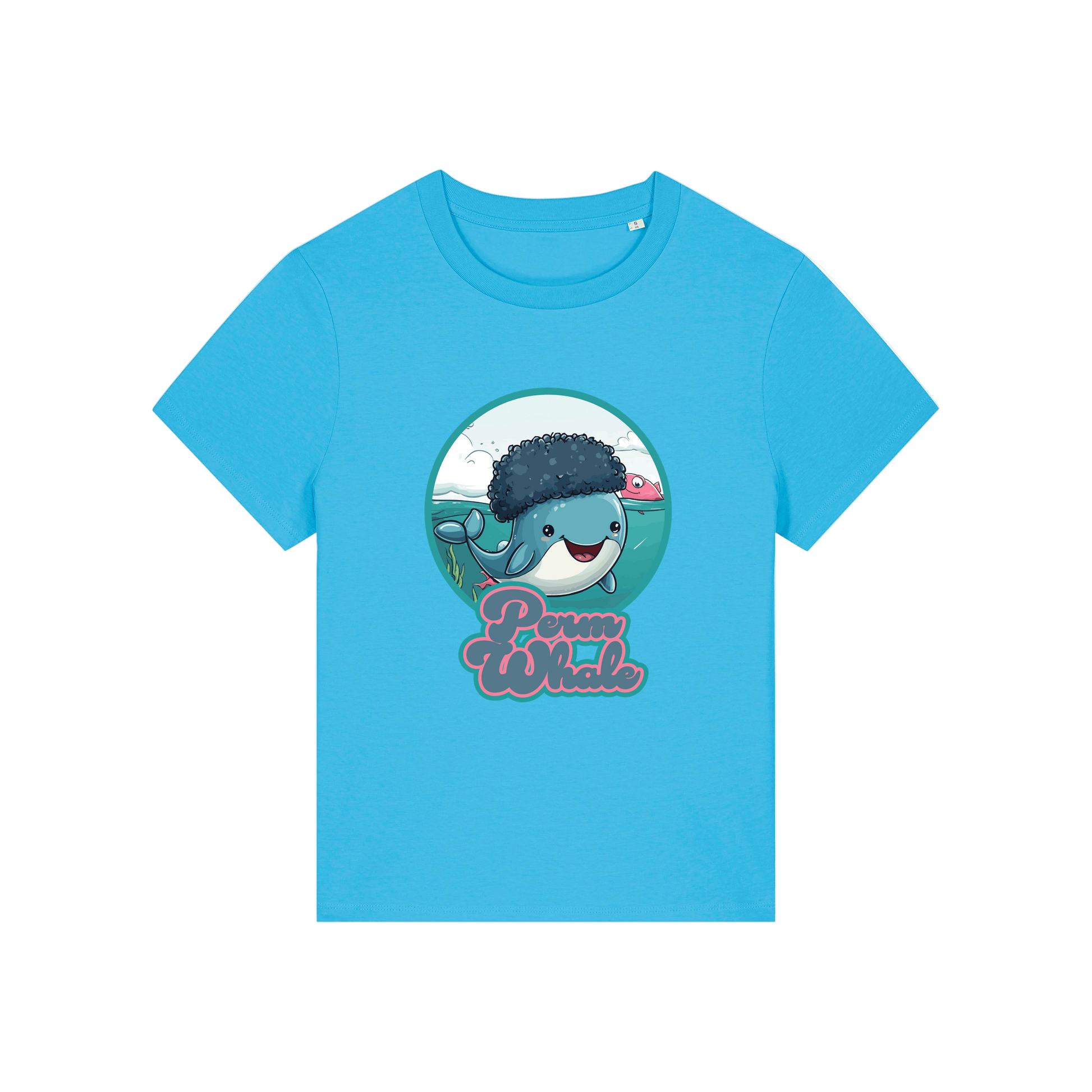 blue kawaii t-shirt with the graphic of a whale with an afro and the slogan 'perm whale'