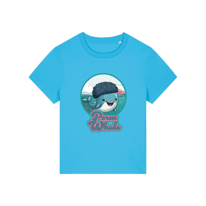 blue kawaii t-shirt with the graphic of a whale with an afro and the slogan 'perm whale'