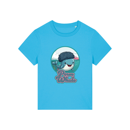 blue kawaii t-shirt with the graphic of a whale with an afro and the slogan 'perm whale'