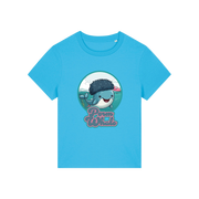 blue kawaii t-shirt with the graphic of a whale with an afro and the slogan 'perm whale'