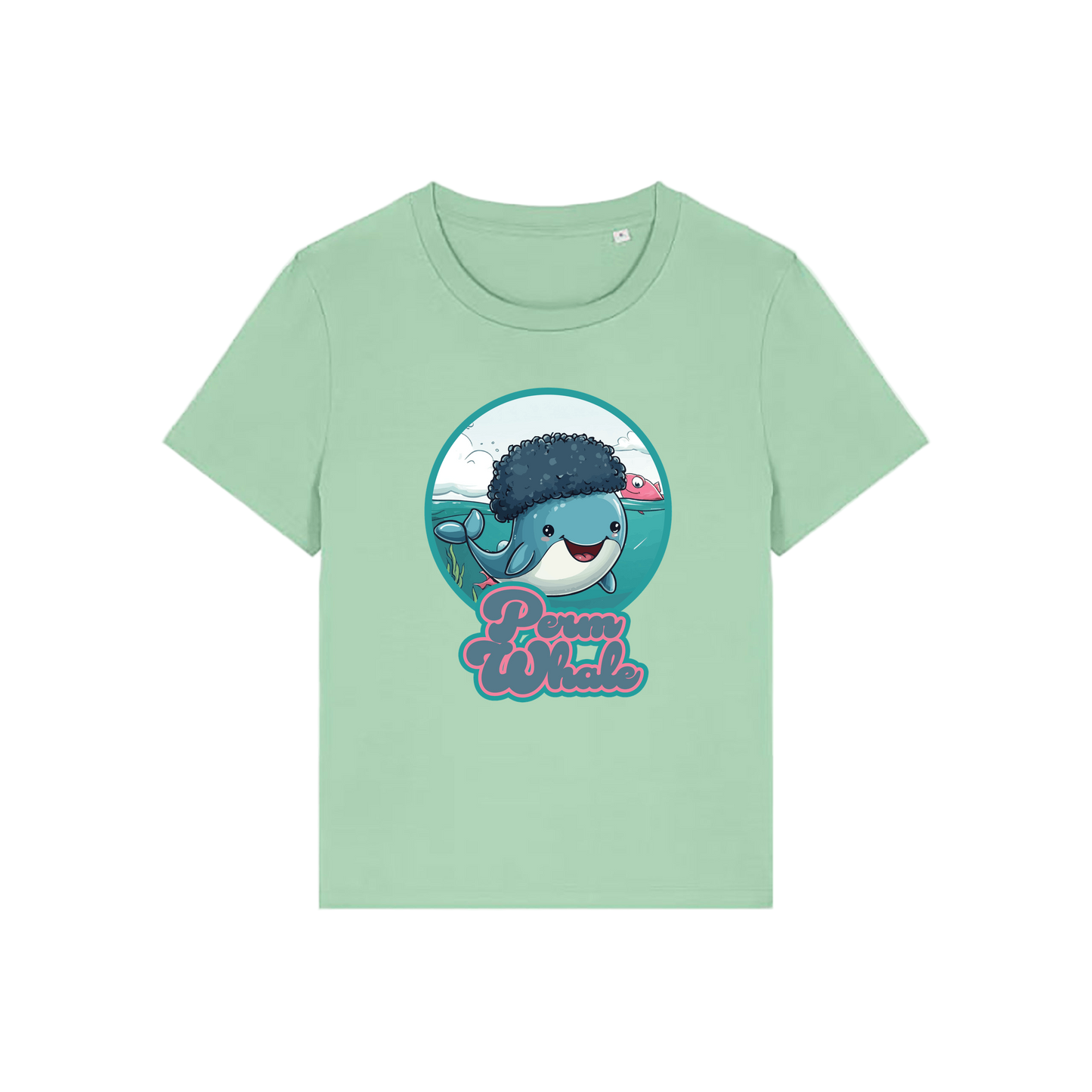green kawaii t-shirt with the graphic of a whale with an afro and the slogan 'perm whale'
