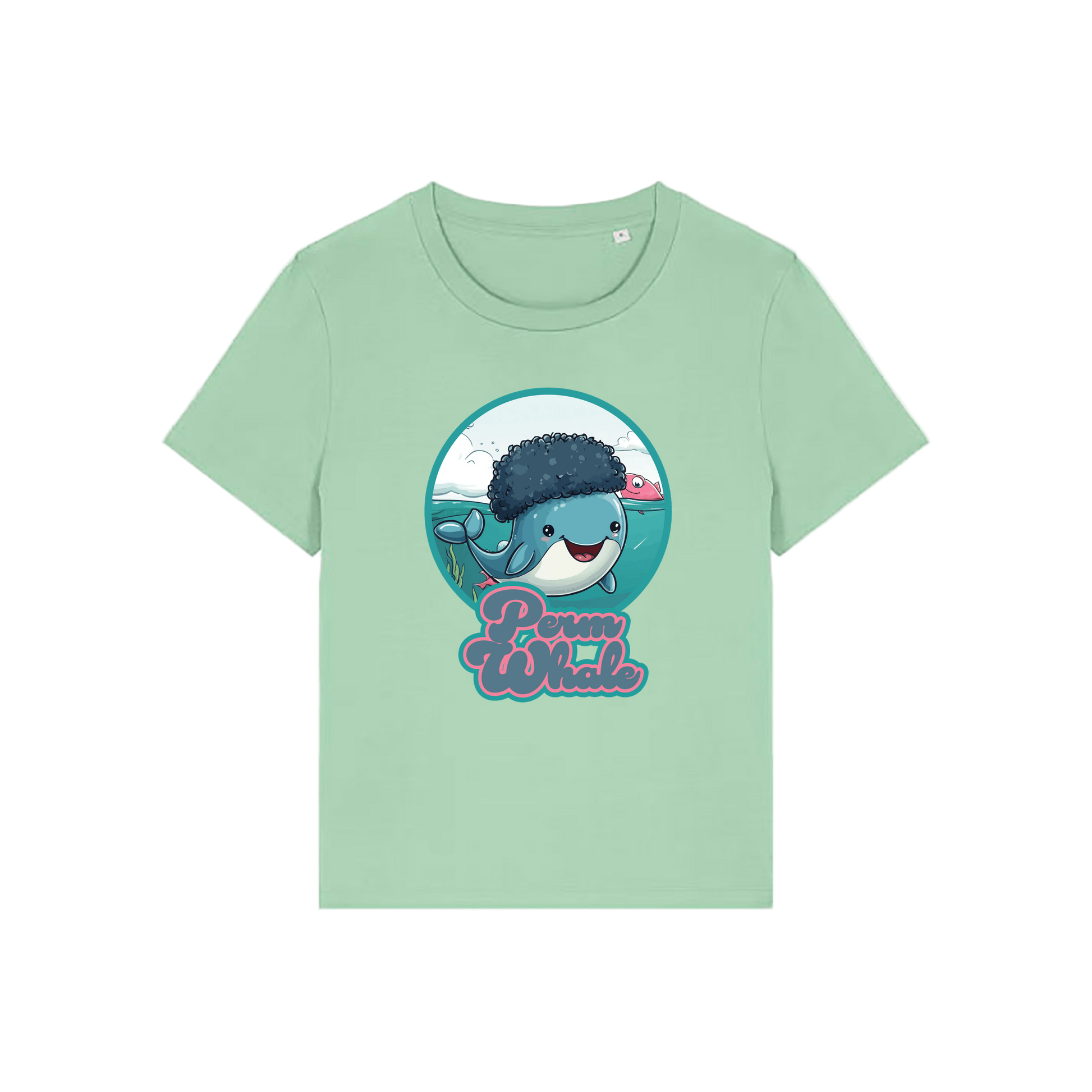 green kawaii t-shirt with the graphic of a whale with an afro and the slogan 'perm whale'