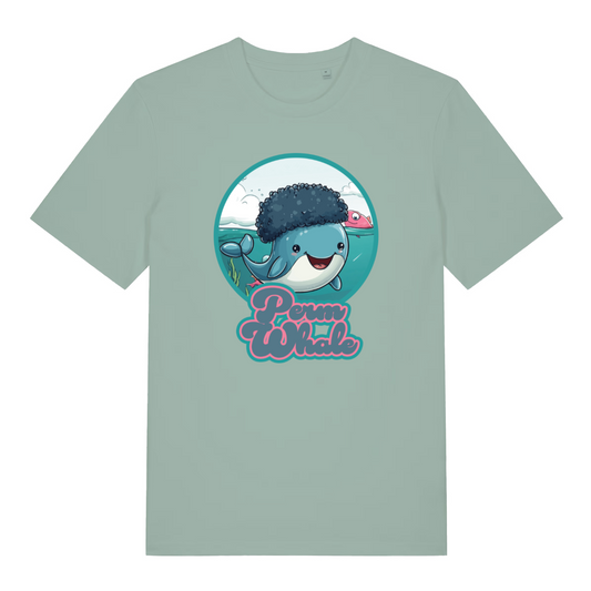 green women's kawaii t-shirt with the graphic of a whale with an afro and the slogan 'perm whale'