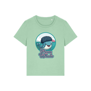 green kawaii t-shirt with the graphic of a whale with an afro and the slogan 'perm whale'