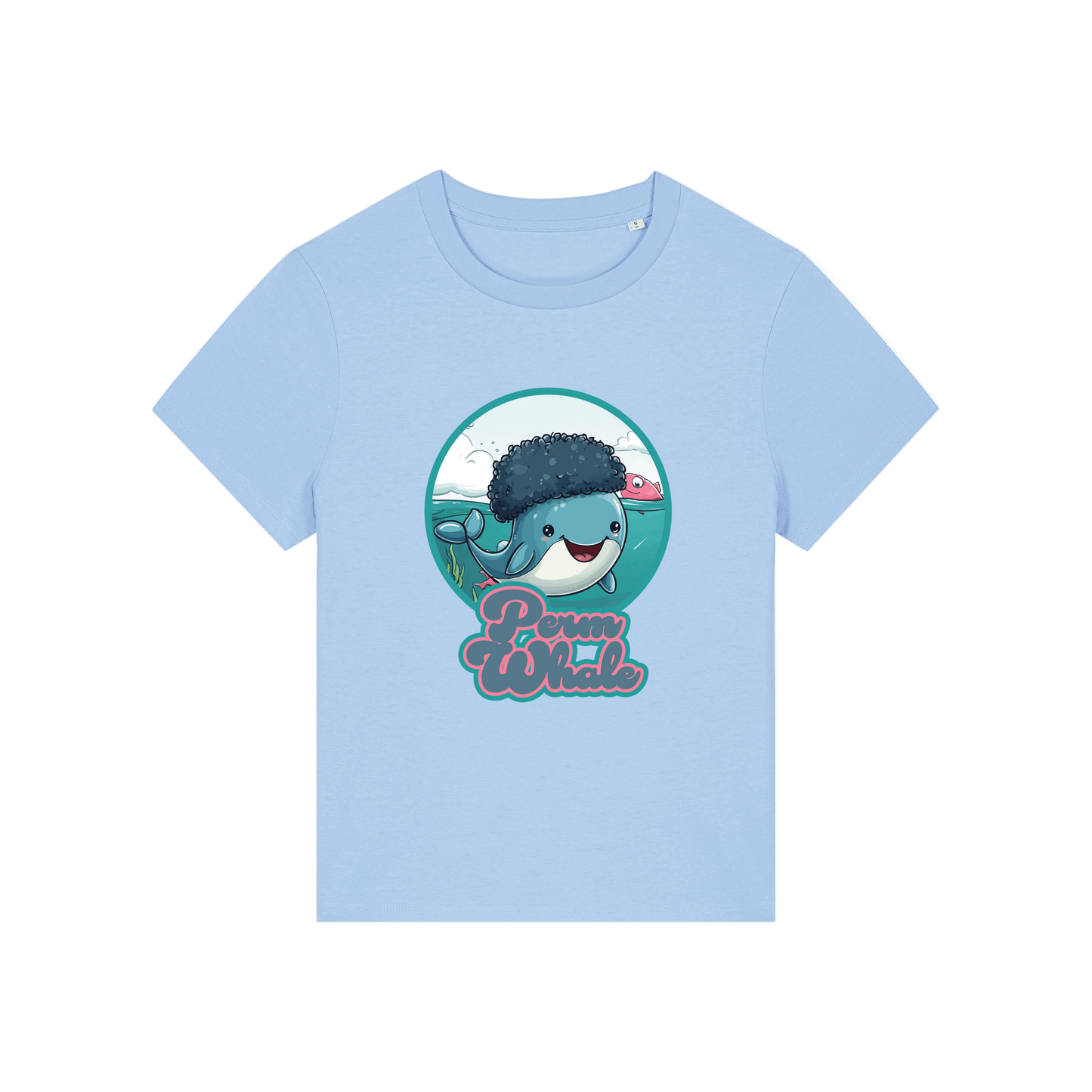 light blue kawaii t-shirt with the graphic of a whale with an afro and the slogan 'perm whale'