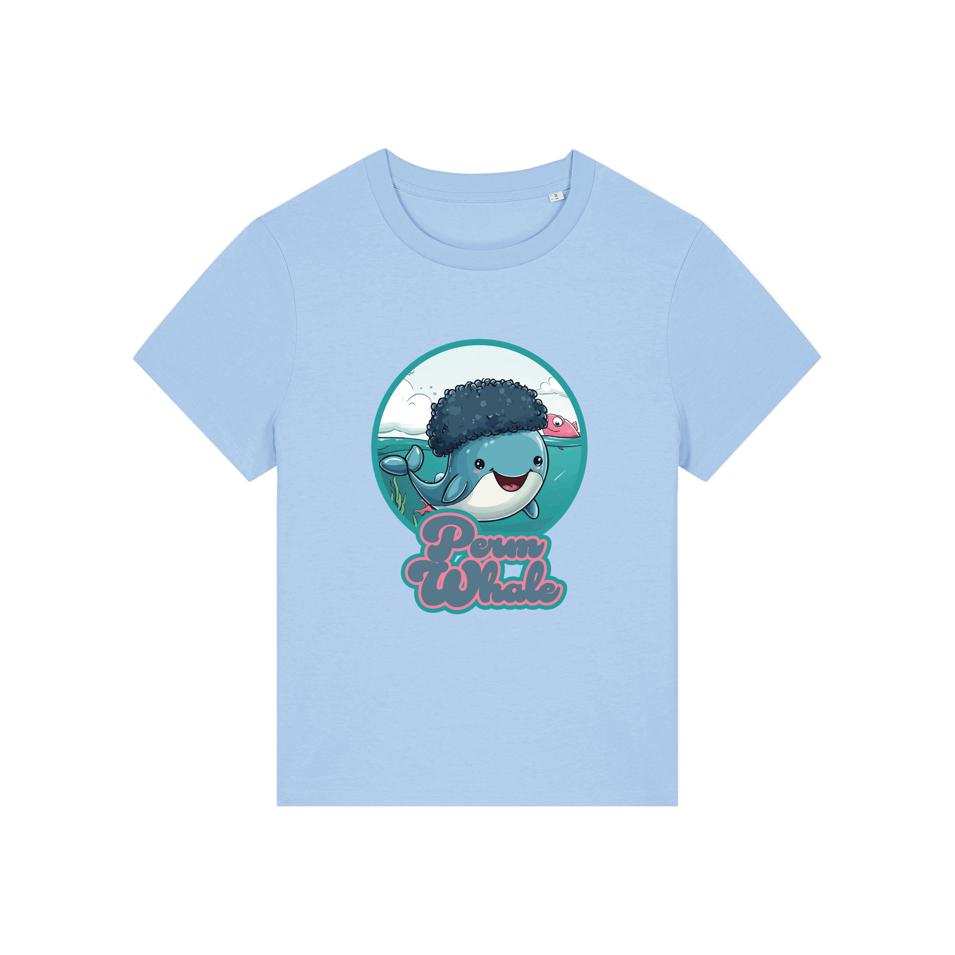 light blue kawaii t-shirt with the graphic of a whale with an afro and the slogan 'perm whale'