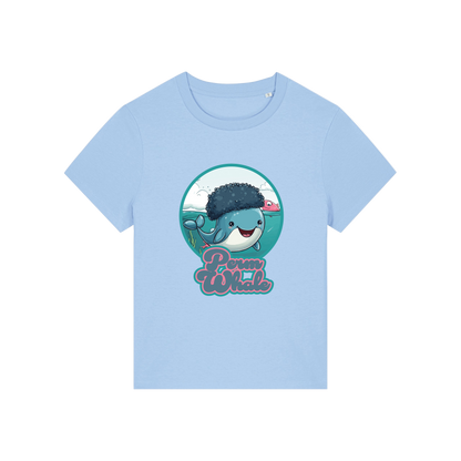 light blue kawaii t-shirt with the graphic of a whale with an afro and the slogan 'perm whale'