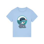light blue kawaii t-shirt with the graphic of a whale with an afro and the slogan 'perm whale'